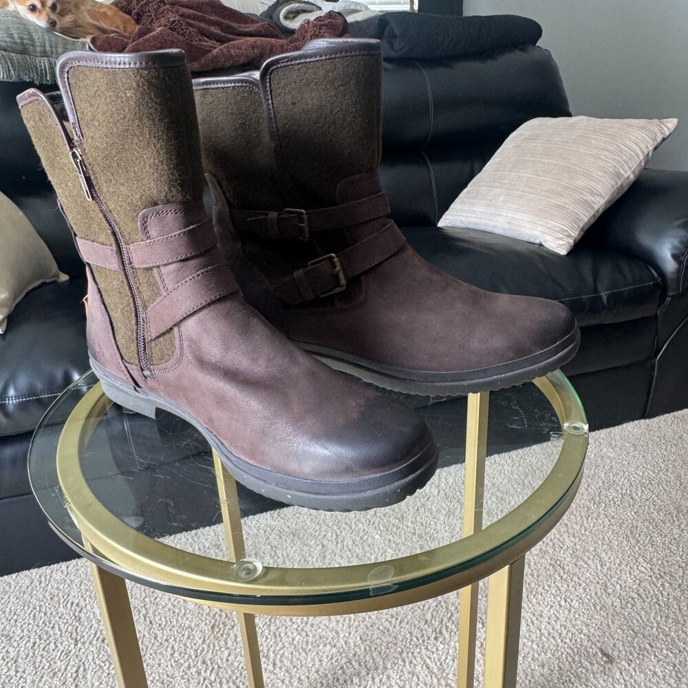 UGG Men's Sheepskin Engineer Boots Brown Leather Wool Lined Side Zip Size 12